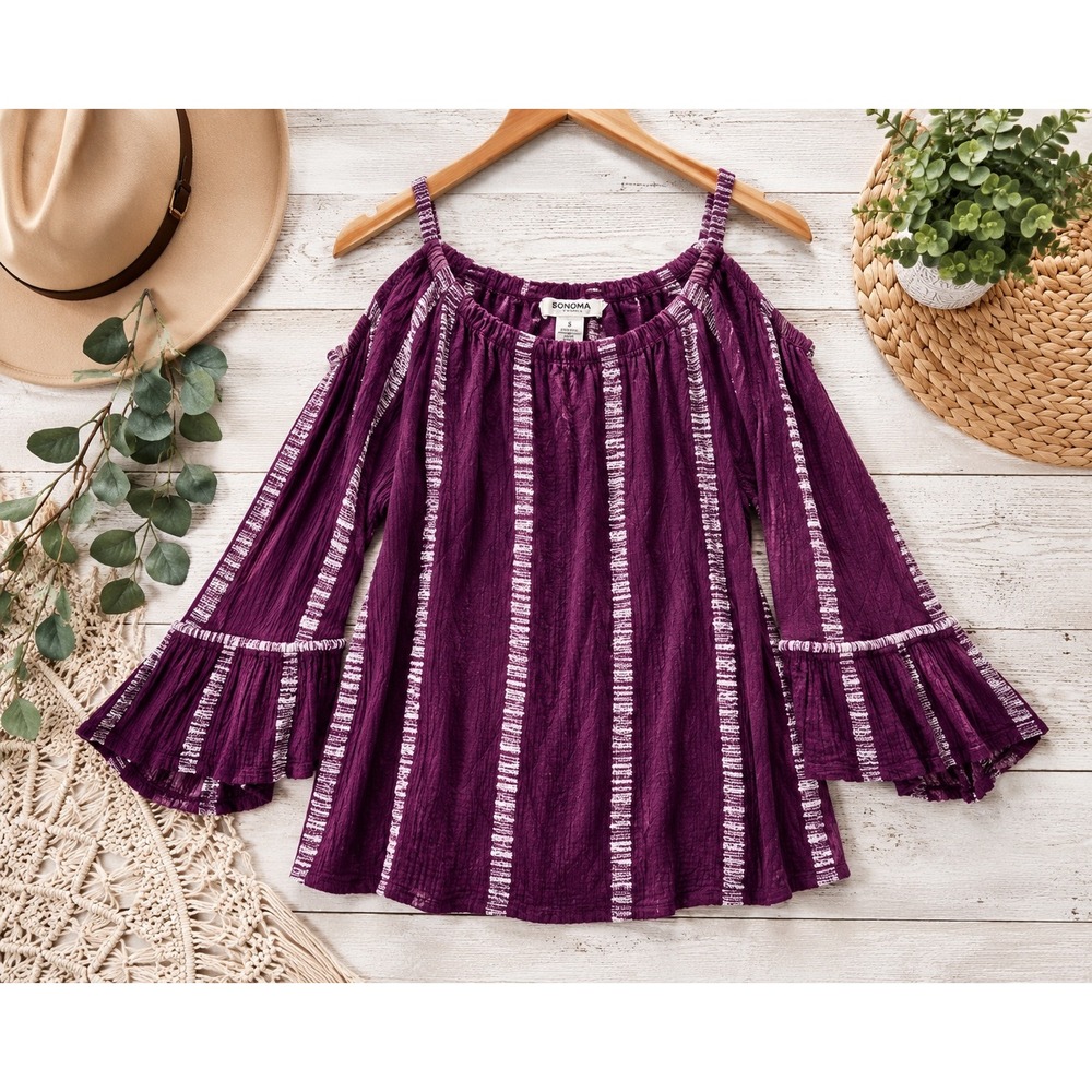 Sonoma Peasant Blouse Womens S Purple Gauze Cold Shoulder Boho Embroidered